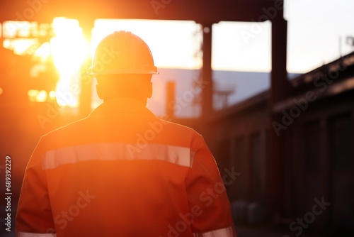 Silhouette of construction worker at sunset with reflective safety vest and hard hat.