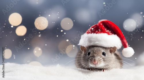 Christmas mouse with Santa Claus hat in the snow while it snows