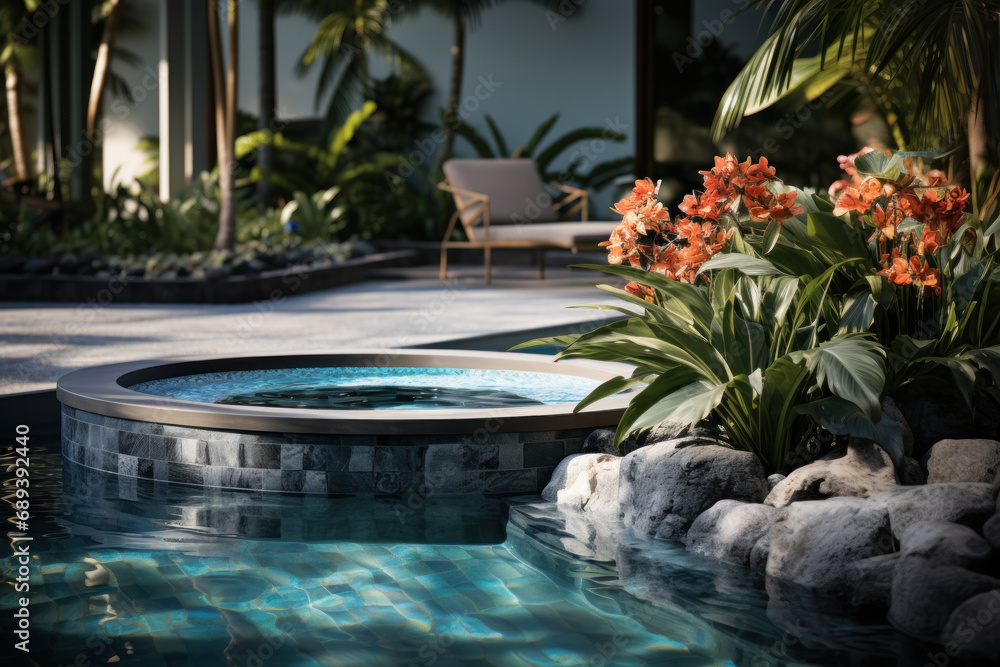 A pool with a water feature, creating a soothing ambiance with the sound of flowing water. Concept of poolside tranquility. Generative Ai.
