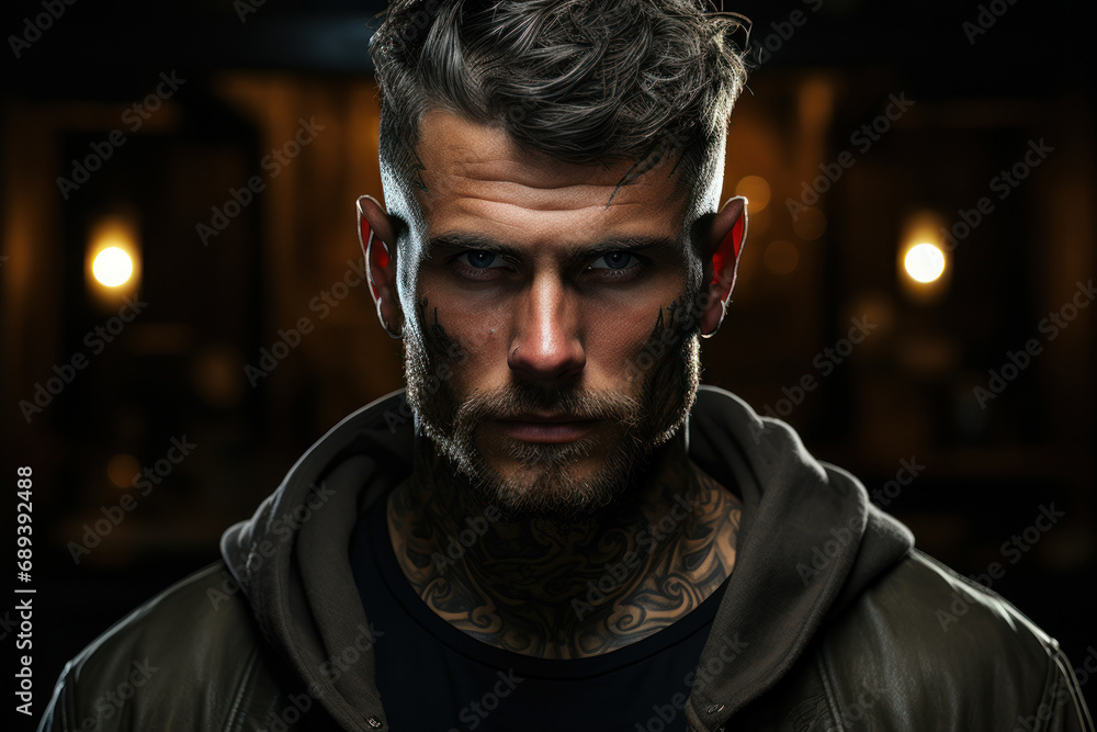 A tattooed tough guy with a piercing gaze, exuding an air of mystery. Concept of an enigmatic personality. Generative Ai. - obrazy, fototapety, plakaty 