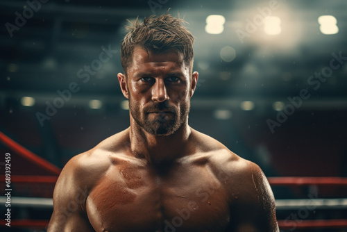 A stoic tough guy in a boxing ring, preparing for a championship match. Concept of boxing and determination. Generative Ai.