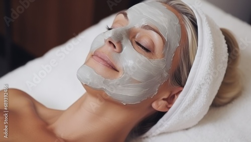 Relaxed mature woman with a facial mask, reclining peacefully in a spa setting.