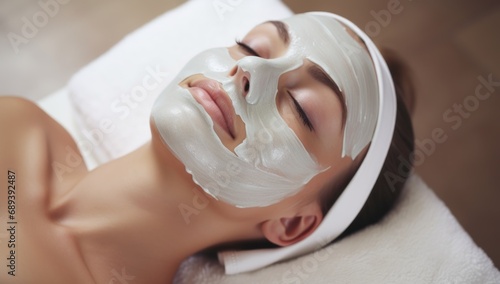 Serene young Hispanic woman with a calming facial mask at a spa, ideal for beauty and relaxation themes.
