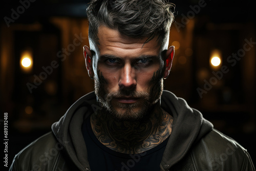 A tattooed tough guy with a piercing gaze, exuding an air of mystery. Concept of an enigmatic personality. Generative Ai.
