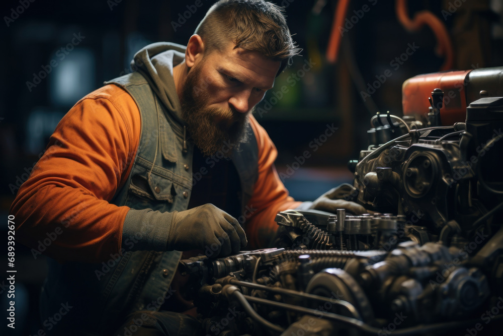 A tough guy mechanic covered in grease, fixing a car engine with skill. Concept of automotive expertise. Generative Ai. A tough guy mechanic covered in grease, fixing a car engine with skill. Concept of automotive expertise. Generative Ai.