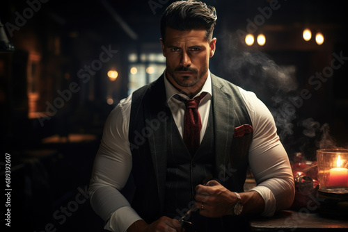 A classic tough guy smoking a cigar in a dimly lit speakeasy, exuding a sense of cool. Concept of prohibition-era style. Generative Ai.