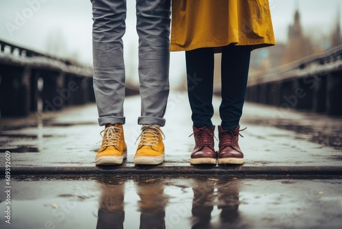 Close up of couple legs in yellow raincoat and sneakers on bridge, Street fashion concept, a man and woman feet wearing modern stylish sneakers standing in the puddle © Jahan Mirovi