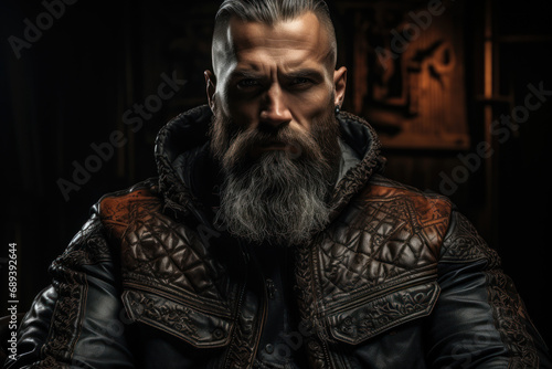 A biker tough guy covered in tattoos and leather, showcasing his rebellious attitude. Concept of motorcycle culture. Generative Ai.