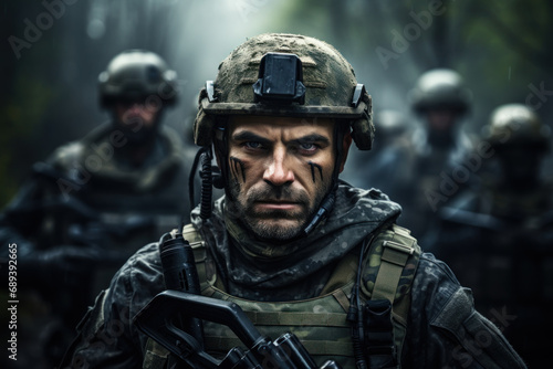 A tough guy in a military camouflage uniform, leading a squad in a combat scenario. Concept of tactical leadership. Generative Ai.