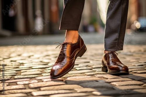 Businessman wearing a pair of brown shoes walking on the street, man in oxfords shoes, Business attire, fashion concept, stylish elegant man, Young man in elegant shoes on street photo