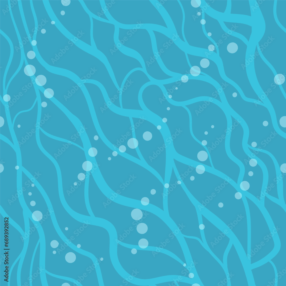 Seamless vector background in a flat style. View of the water surface from above, ripples. Sea foam, bubbles. Minimalism. Great summer background.