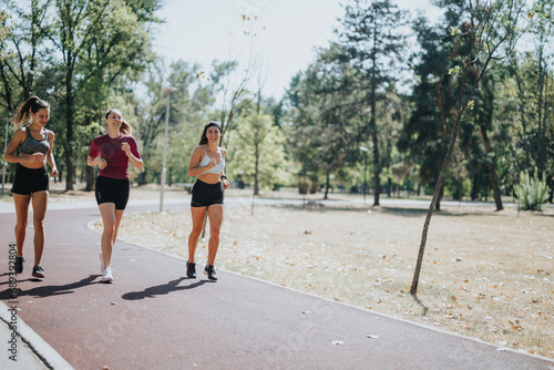 A group of attractive women, with fit bodies, are happily jogging together in a sunny city park. They are enjoying their outdoor workout and staying fit with joyful smiles on their faces.