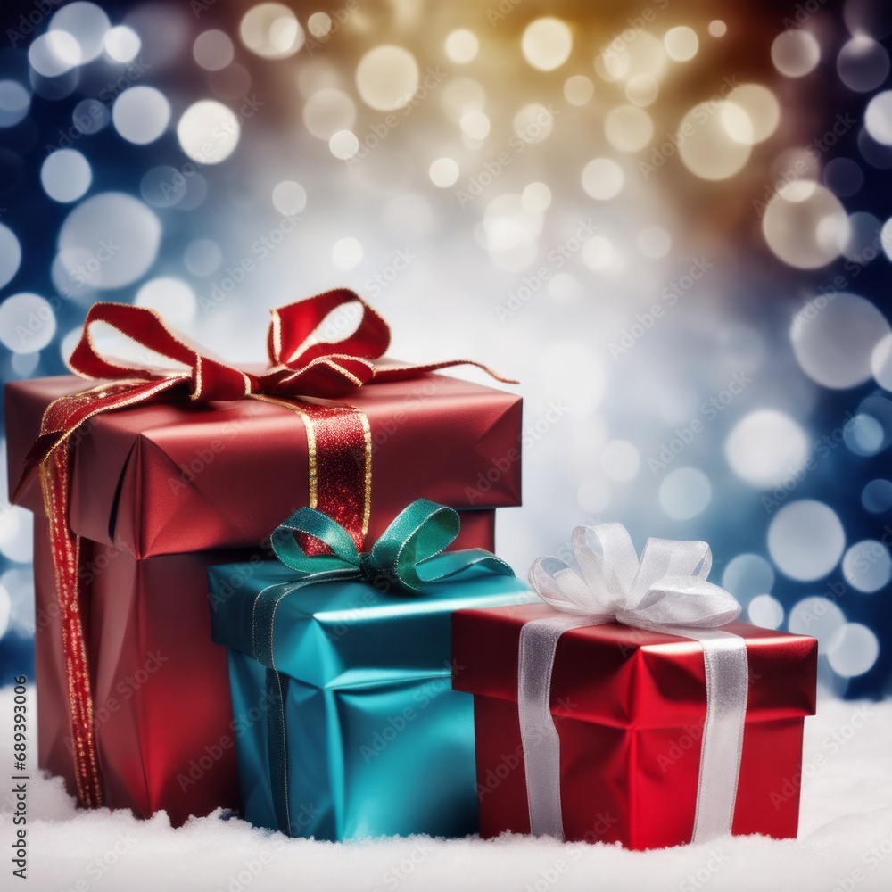 Christmas Gifts box on a snowy background, A bokeh background effect. Christmas Gifts box on a snowy background, A bokeh background effect.