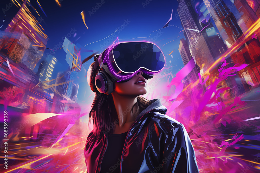 Farbenfrohe virtuelle Realität, Mädchen mit VR-Brille im futuristischen Stil
