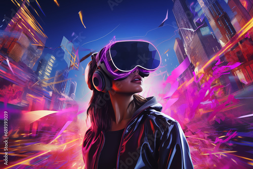 Farbenfrohe virtuelle Realität, Mädchen mit VR-Brille im futuristischen Stil