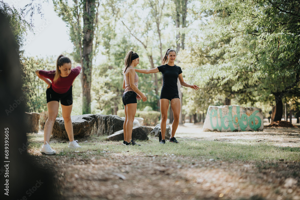 Fit girls stretching and warming up in a sunny city park for their outdoor training. Active and athletic females enjoying physical activity and staying healthy.