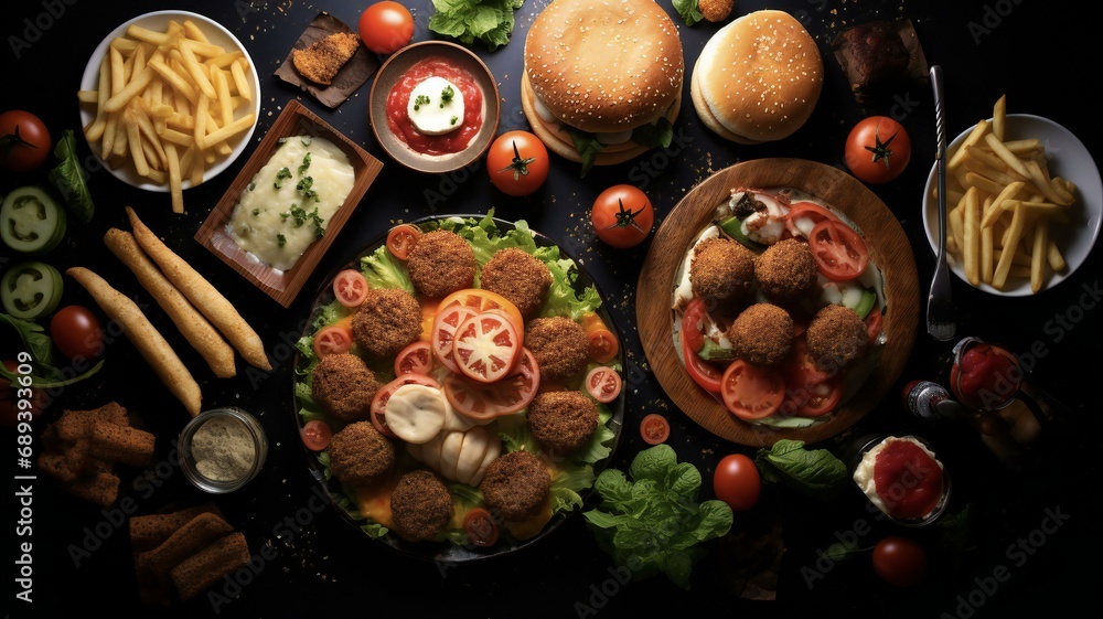 a platter of fast food with fries, chicken, and other items