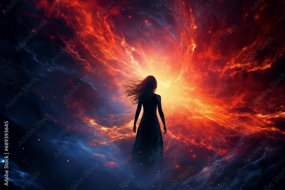 silhouette of a woman against the background of a nebula in space, standing with her back, light effects, nebula, stars and galaxy