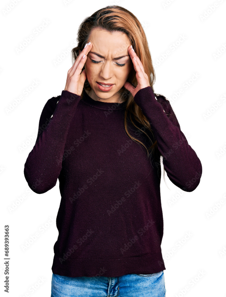 Young caucasian woman wearing casual clothes with hand on head for pain in head because stress. suffering migraine. Young caucasian woman wearing casual clothes with hand on head for pain in head because stress. suffering migraine.