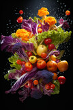 vegetables mix in water splashes, on dark background, fresh and healthy food