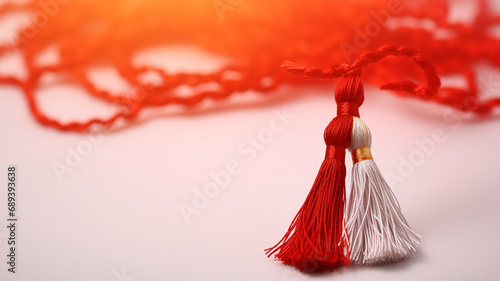 Martisor, red and white, yarn floss thread, holiday of welcoming spring in Moldova and Romania, celebrated on March , tradition give boutonnieres in the form of flowers Baba Marta. photo