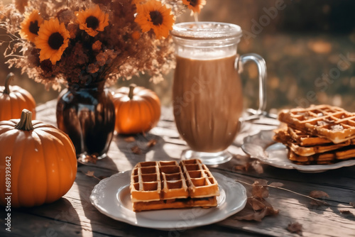 still life of a cup of hot latte and waffers and pumpkins on an old wooden table against the background of beautiful autumn nature at sunset, decoration for Halloween