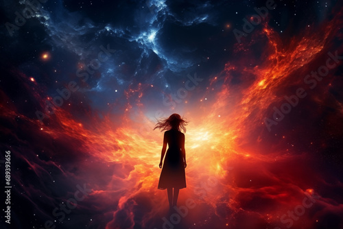 silhouette of a woman against the background of a nebula in space, standing with her back, light effects, nebula, stars and galaxy