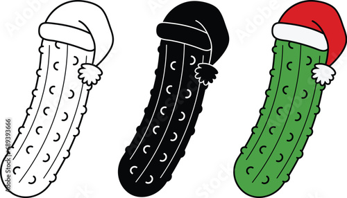 Christmas Pickle with Santa Hat Clipart - Outline, Silhouette & Color