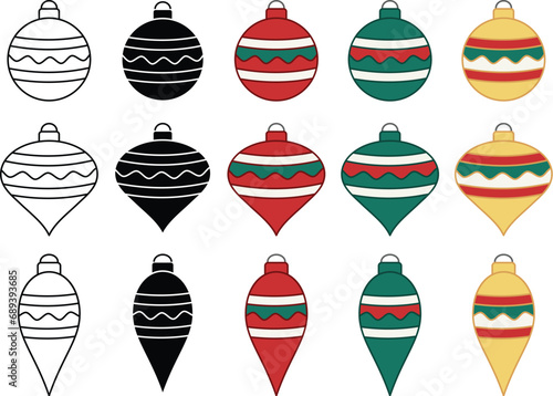Decorated Christmas Ornament Clipart - Outline, Silhouette & Color