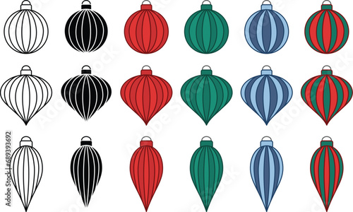 Decorated Christmas Ornament Shapes - Outline, Silhouette & Color Clipart photo