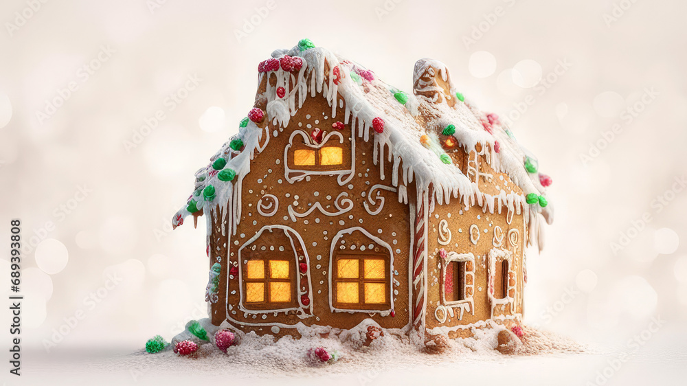 Beautiful gingerbread house with lights on blurred bokeh background.Christmas,winter holidays,
homemade bakery concept.Generative AI