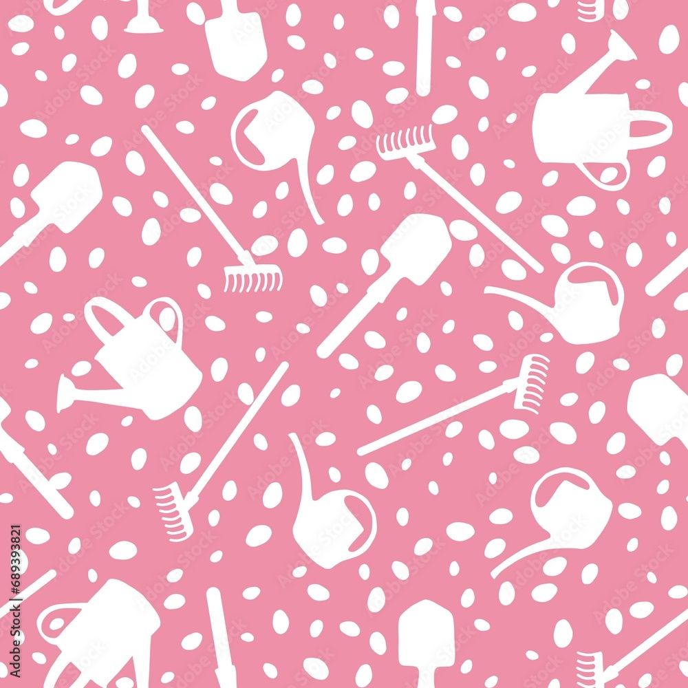 Garden tools seamless shovels and watering can and rake pattern for wrapping paper and fabrics and linens Garden tools seamless shovels and watering can and rake pattern for wrapping paper and fabrics and linens