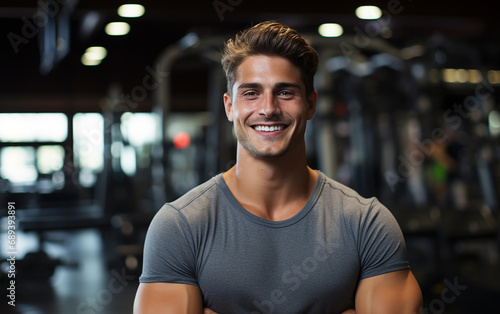 Happy handsome young european man in a gym.