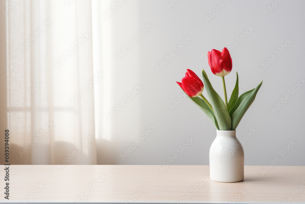 A Single Red Tulip in a White Vase on a Clean Desk. A Single Red Tulip in a White Vase on a Clean Desk.