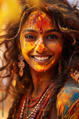 Portrait of a beautiful Indian woman in national costume. Indian festival of colors Holi. India.