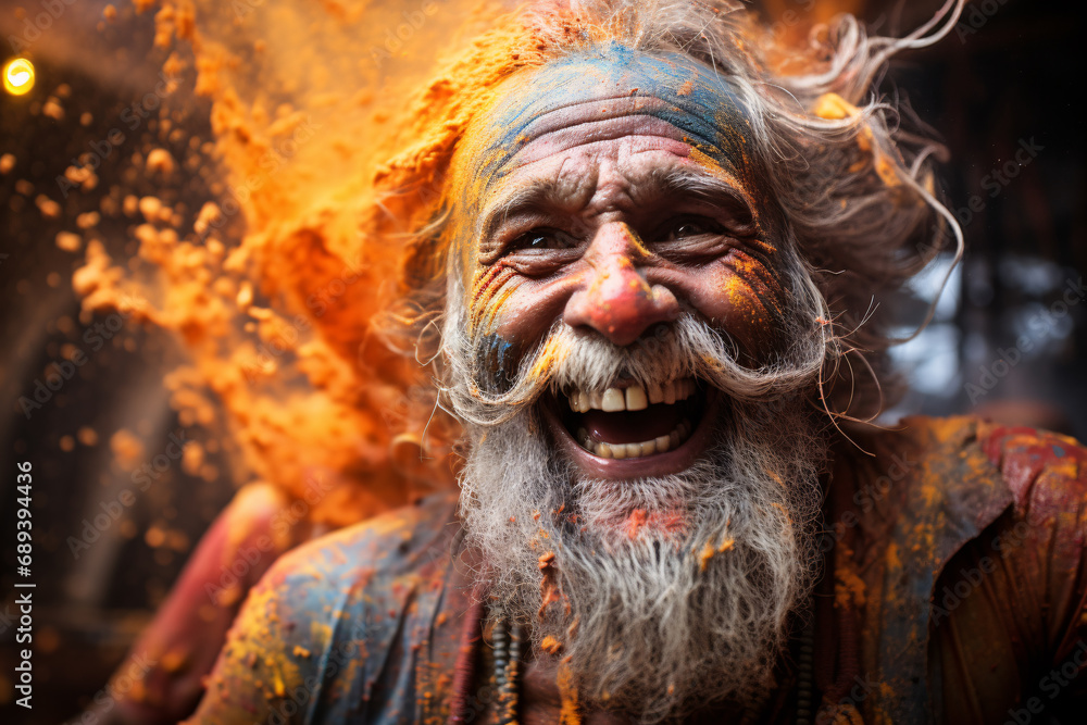 Portrait Indian men coloring powder on Holi festival.