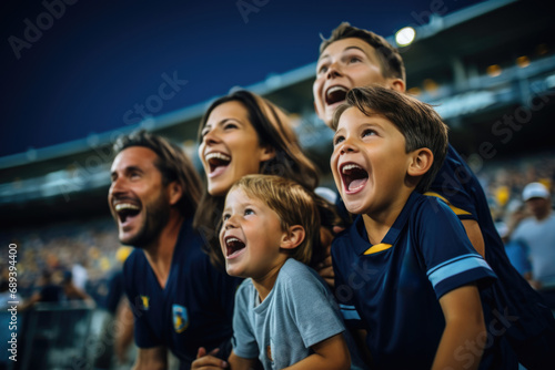 A joy-filled family, standing before the stadium, exudes infectious excitement and jubilation while fervently backing their team during the match