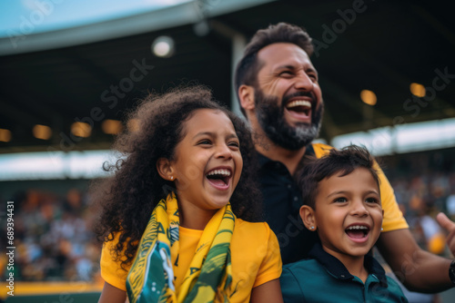 A family captured in a moment of sheer happiness and excitement, standing proudly in front of the stadium, wholeheartedly supporting their team during the match photo