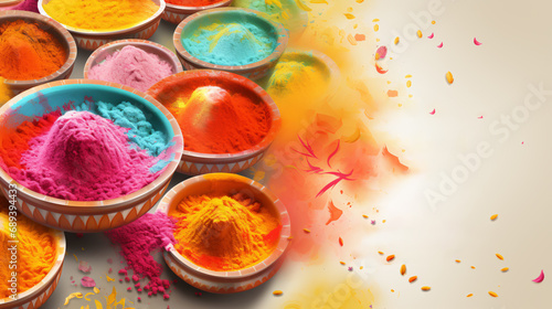 Top view of colorful holi powder on light background.