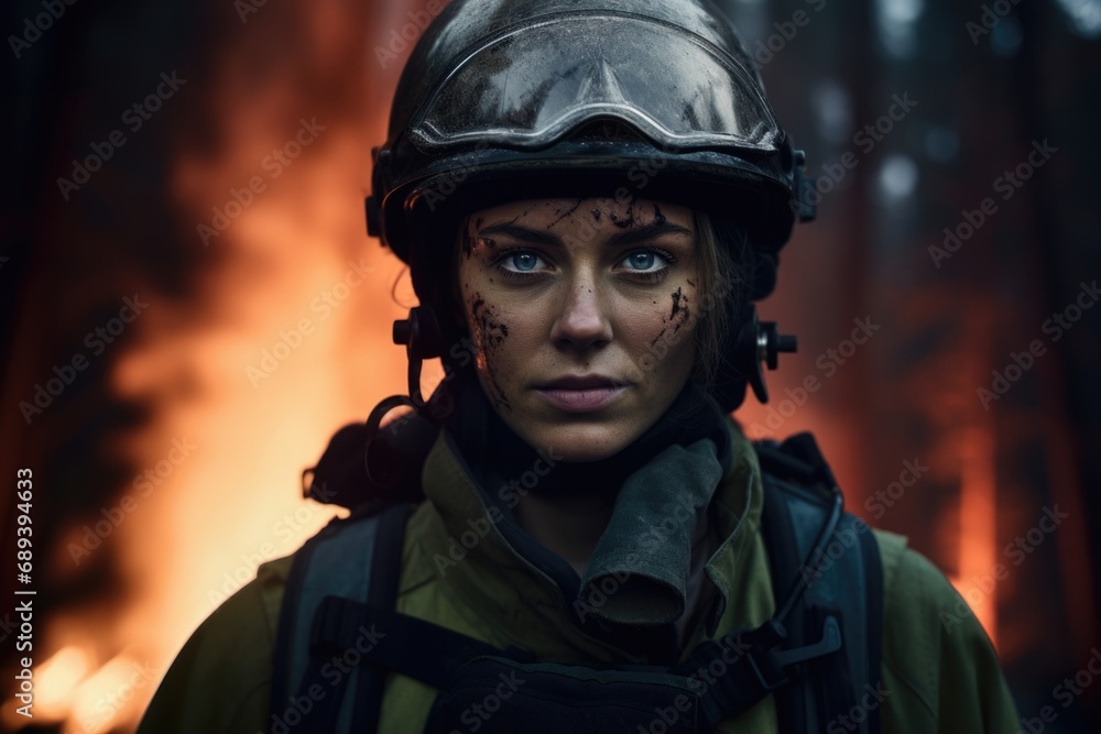 In the heart of danger, a close-up photograph highlights the female firefighter's determination, standing resiliently against a backdrop of a forest ablaze with flames