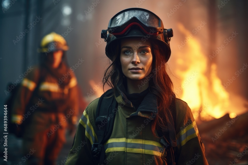 In the heart of danger, a close-up photograph highlights the female firefighter's determination, standing resiliently against a backdrop of a forest ablaze with flames In the heart of danger, a close-up photograph highlights the female firefighter's determination, standing resiliently against a backdrop of a forest ablaze with flames