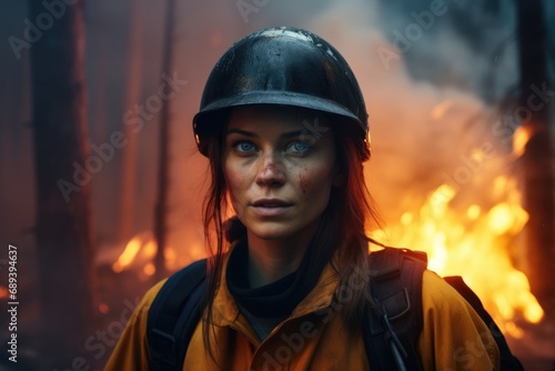 A close-up shot captures the bravery of a female firefighter amid the intense backdrop of a forest engulfed in flames, symbolizing courage and resilience in the face of a wildfire © Konstiantyn Zapylaie