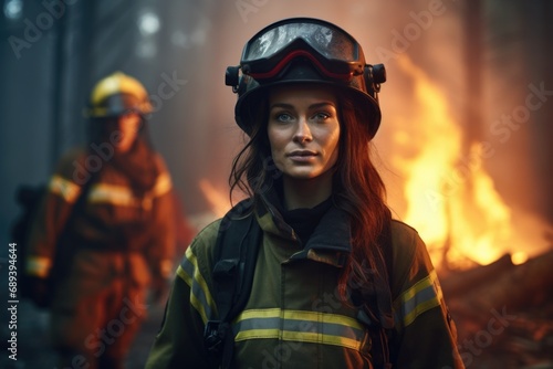 In the heart of danger, a close-up photograph highlights the female firefighter's determination, standing resiliently against a backdrop of a forest ablaze with flames © Konstiantyn Zapylaie