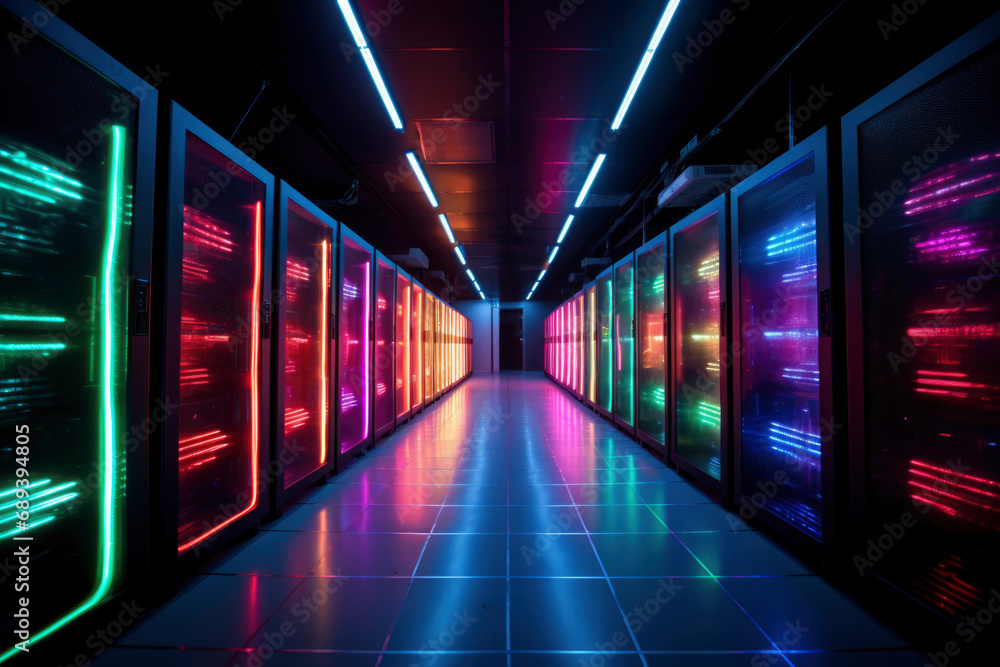 Luminous Data Center: An illuminated data center with a complex network of colorful cables and glowing lamps, symbolizing advanced digital connectivity Luminous Data Center: An illuminated data center with a complex network of colorful cables and glowing lamps, symbolizing advanced digital connectivity