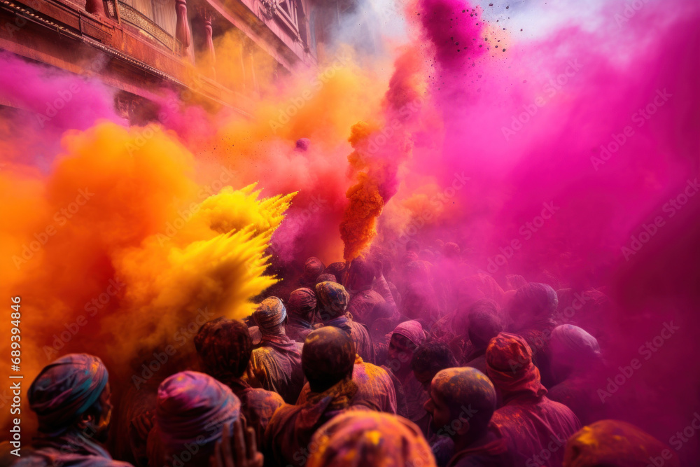 A vibrant celebration of the Holi festival. A multitude of people on the city streets engulfed in a colorful haze of powdered pigments - obrazy, fototapety, plakaty 