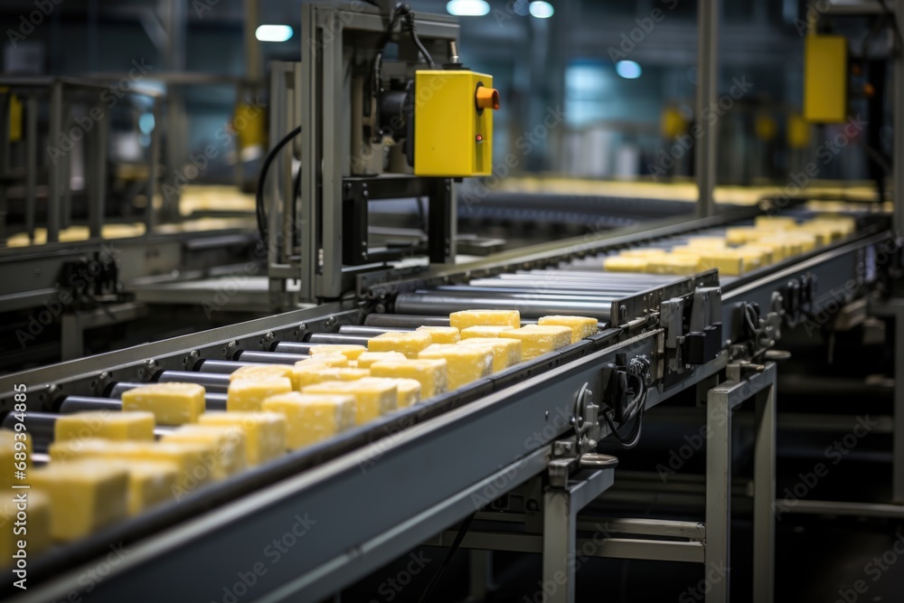 Illustrating the technological advancements in dairy processing, a photo captures the automated production of cheeses on an industrial conveyor, emphasizing