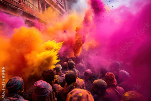 A vibrant celebration of the Holi festival. A multitude of people on the city streets engulfed in a colorful haze of powdered pigments