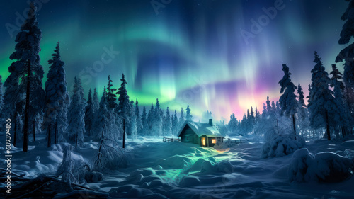 Polar lights, aurora over a winter forest and a hunting hut in the forest, a fantastic winter magical landscape, a trip to the north, observing magnetic storms photo