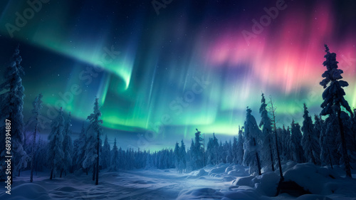 Aurora or aurora over northern snowy forest, magical winter landscape, New Year holidays in the Arctic Circle © Ed