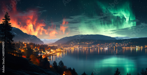 Aurora with a starry sky against the background of a fjord and a night city, a fantastic winter magical landscape, a trip to the north, observing magnetic storms photo
